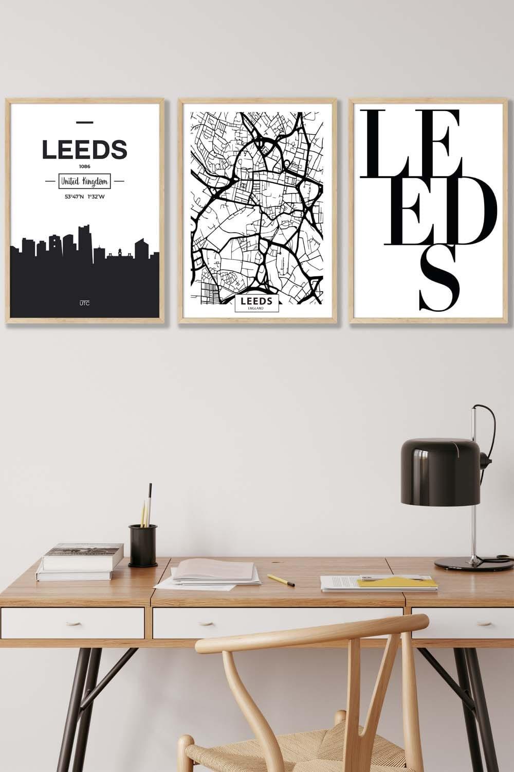 LEEDS Skyline Street Map City Prints Framed Wall Art - Medium
